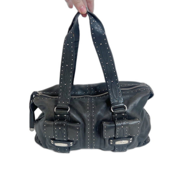 y2k Vintage Michael Kors Astor Black Leather Studded Shoulder Bag Rocker Chic - Picture 2 of 14